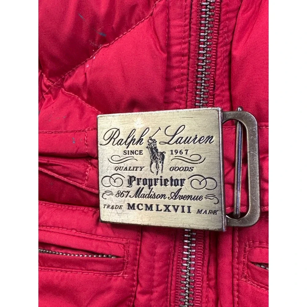 VTG Ralph Lauren Girls Red Quilted Down Puffer Jacket Hooded Belted Size XL 16